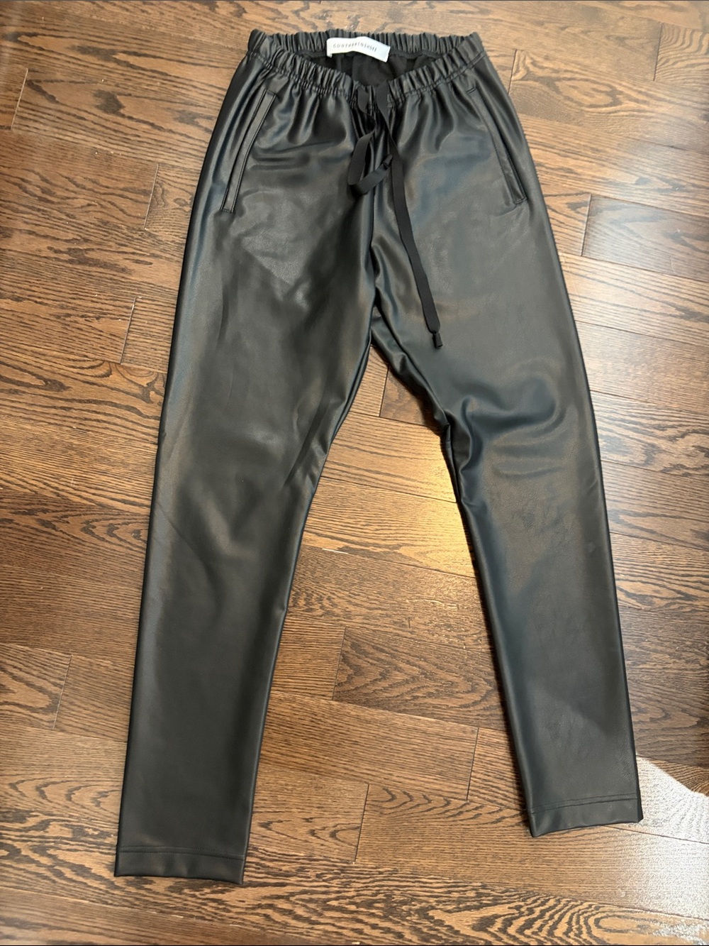 Black Faux Leather Joggers with Elastic Drawstring Waist